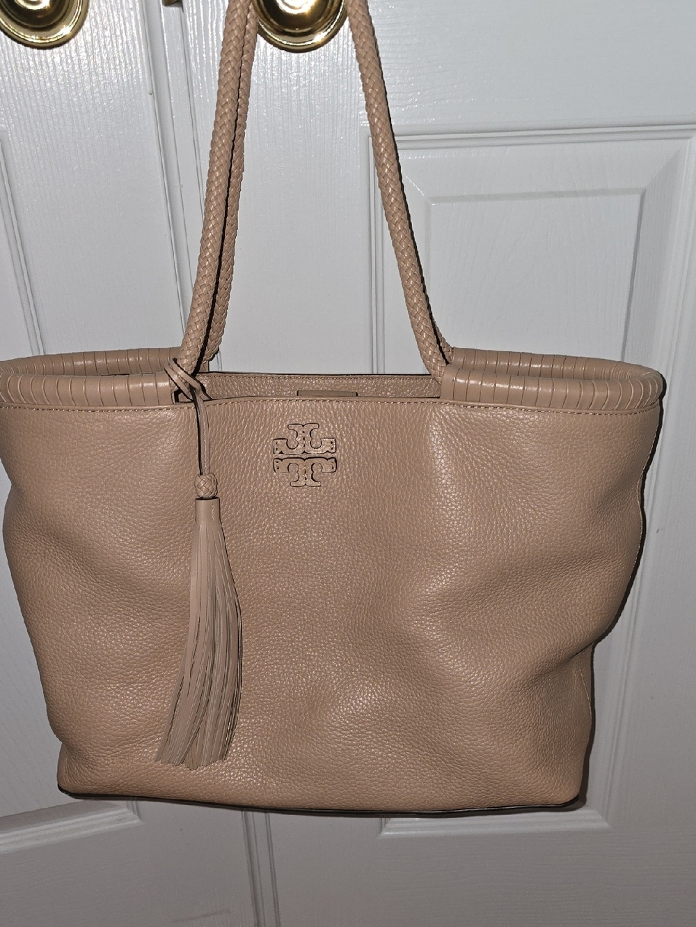 Tory Burch Taupe Leather Tote with Tassel